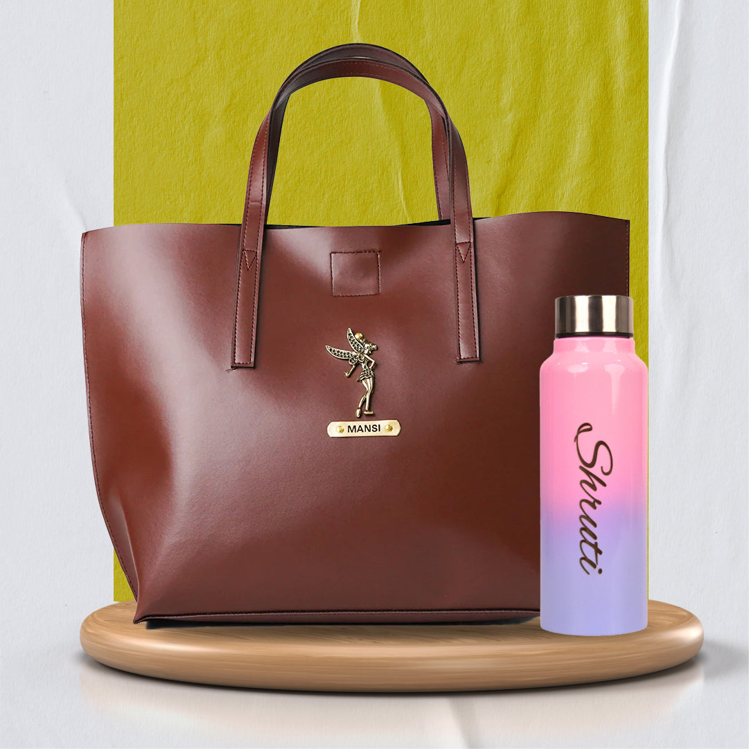 Customized Perfect Women Tote Bag and Water Bottle - Brown