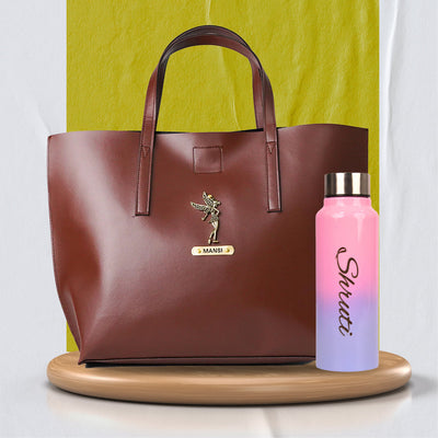Customized Perfect Women Tote Bag and Water Bottle - Brown